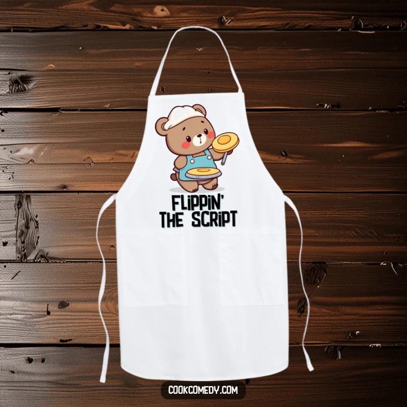 Funny apron featuring a busy bear chef in an apron, playfully flipping a pancake, designed for kitchen fun.