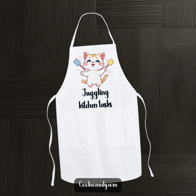 Funny apron featuring a playful cat juggling colorful spatulas, designed for kitchen protection with a humorous twist.