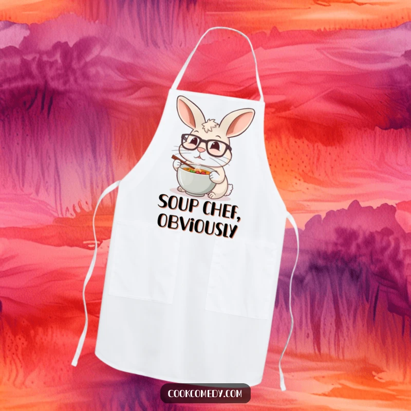 Funny rabbit chef in large glasses delicately tasting a miniature soup tureen on a functional kitchen apron.