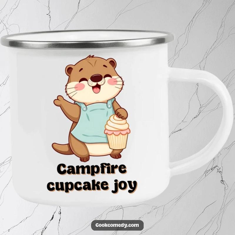 Funny otter baker decorating a tiny cupcake on a rustic camping mug, perfect for outdoor baking enthusiasts.
