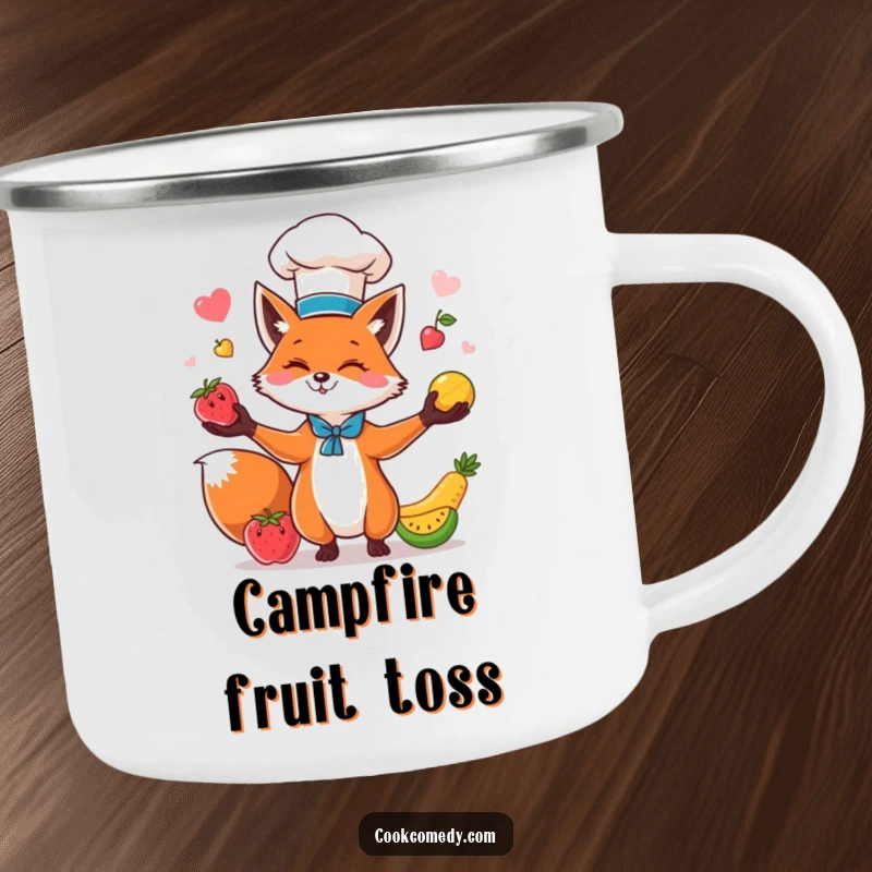 Funny fox chef juggling fruits on a rustic camping mug, perfect for outdoor enthusiasts who love humor.