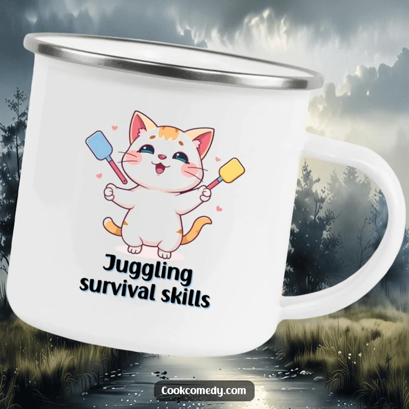 Funny camping mug with a playful cat juggling spatulas, built for outdoor adventures and a touch of humor.