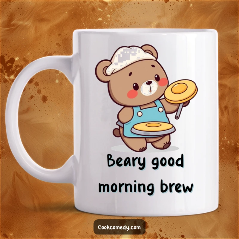 Funny mug featuring a busy bear chef in an apron, expertly flipping a pancake with a spatula, celebrating breakfast fun.