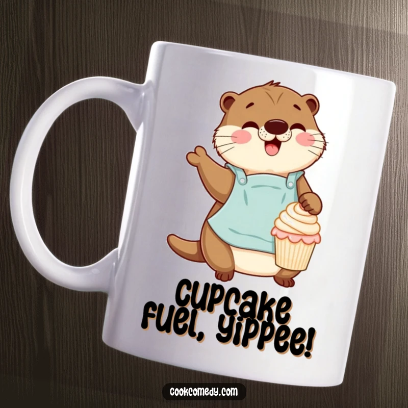 Funny otter wearing an apron, gleefully decorating a small cupcake on a ceramic mug, a joyful baking gift.