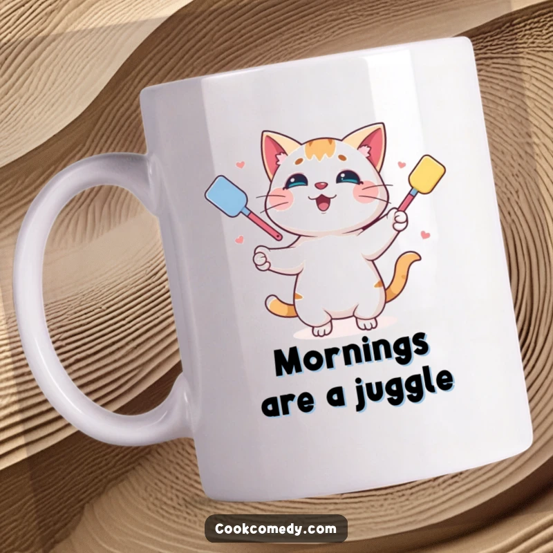 Funny mug featuring a playful cat expertly juggling colorful spatulas, celebrating kitchen chaos and fun.
