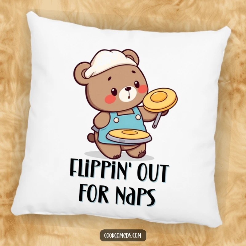 Funny pillow with a busy bear chef in an apron, flipping a pancake, perfect for adding a touch of whimsy.
