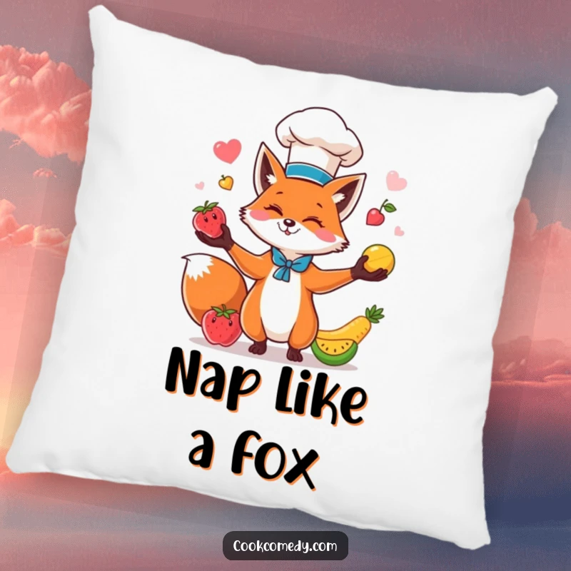 A plush pillow showcasing a funny fox chef enthusiastically juggling fruits, perfect for adding humor to any room.