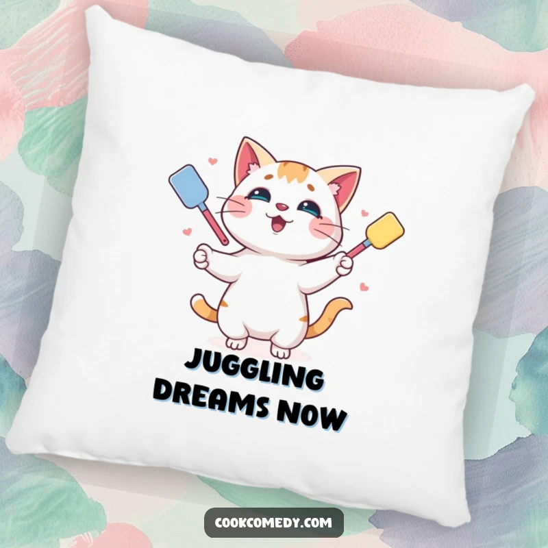 Funny pillow with a playful cat juggling spatulas, perfect for adding a touch of whimsical comfort.