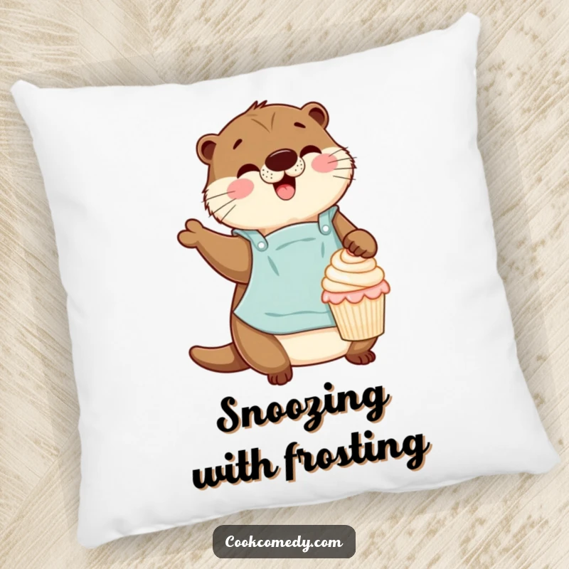 A soft pillow depicting a funny otter baker with an apron, gleefully decorating a miniature cupcake.