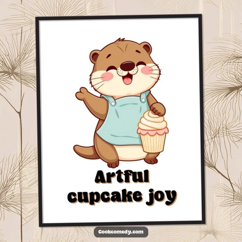 High-resolution funny digital art print of an otter baker gleefully decorating a tiny cupcake, ready for download.