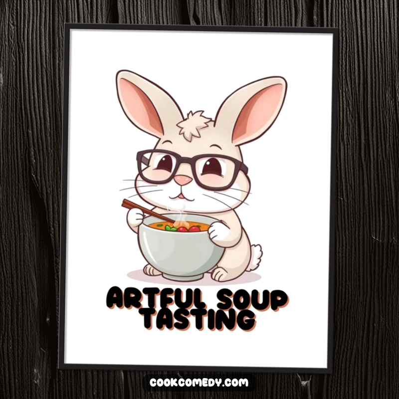 High-resolution funny digital art print of a rabbit chef tasting a miniature soup bowl, ready for download.