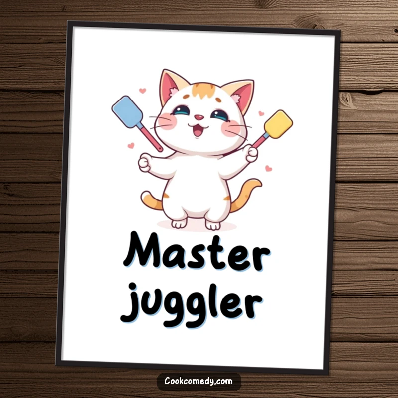 Funny digital art print of a playful cat juggling colorful spatulas, perfect for adding whimsical humor to walls.
