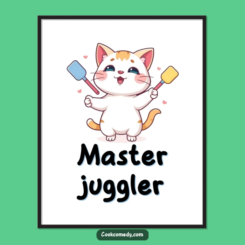 Funny Juggling Cat Digital Art: Playful Spatula Character Print