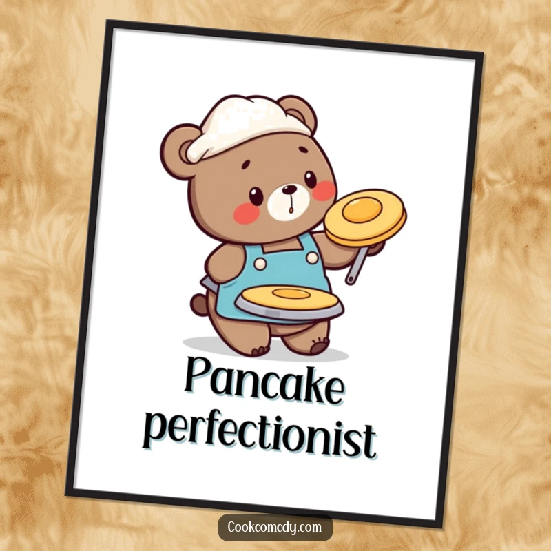 Funny digital art print of a busy bear chef in an apron, flipping a pancake, perfect for adding breakfast fun.