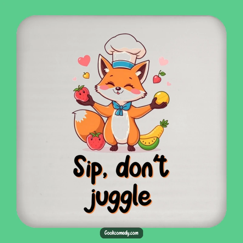 Funny Fox Chef Coaster: Protect Surfaces with Hilarious Fruit Juggling Art