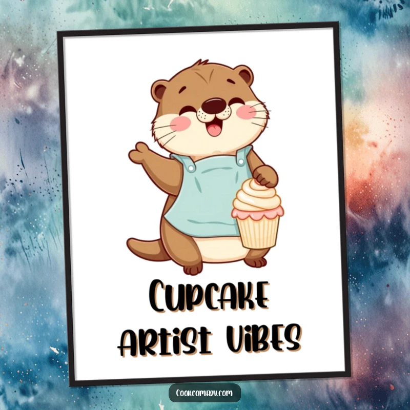 Funny otter baker happily decorating a small cupcake, displayed as a vibrant poster for kitchen or home decor.
