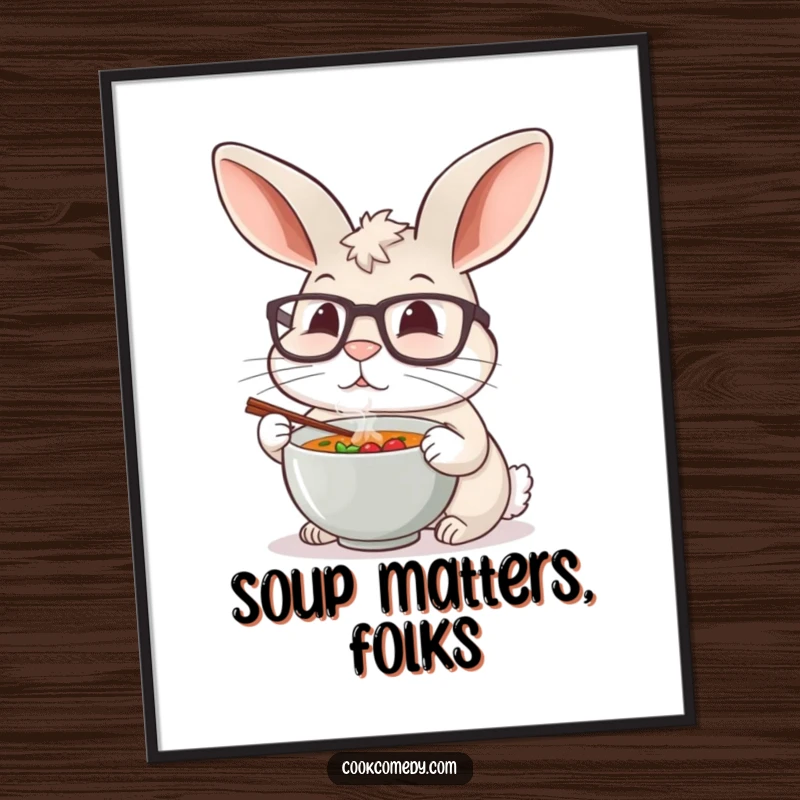 Funny rabbit chef wearing glasses tasting a miniature soup bowl, displayed as a delightful poster for wall art.
