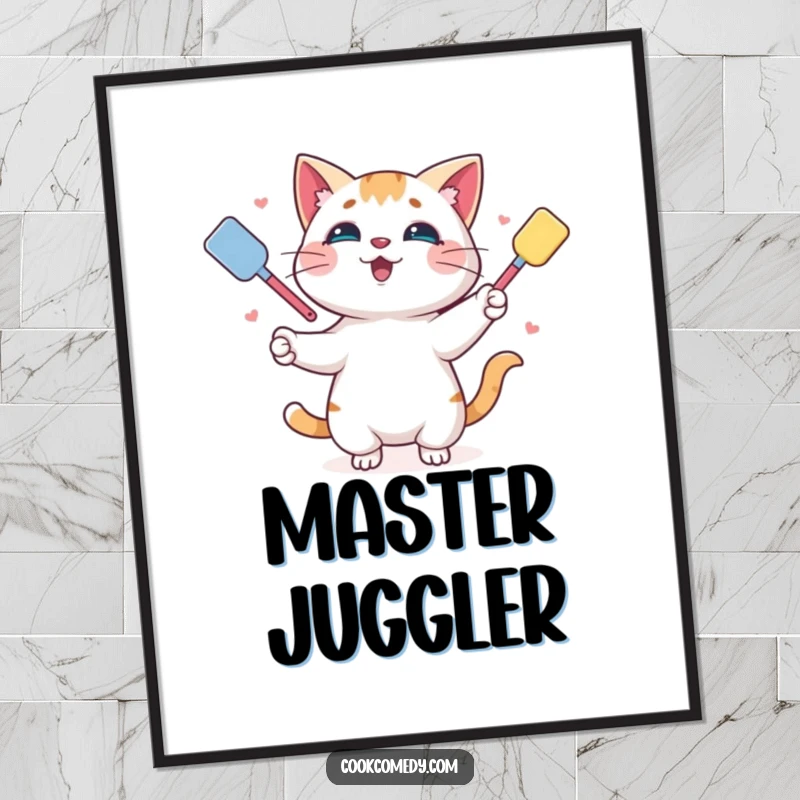 Funny poster depicting a playful cat expertly juggling colorful spatulas, perfect for adding a whimsical touch to any room.