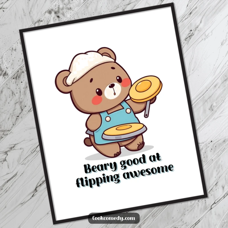 Funny Free Printable Wall Art: Busy bear in apron artistically flips a pancake, adding charm to any room.