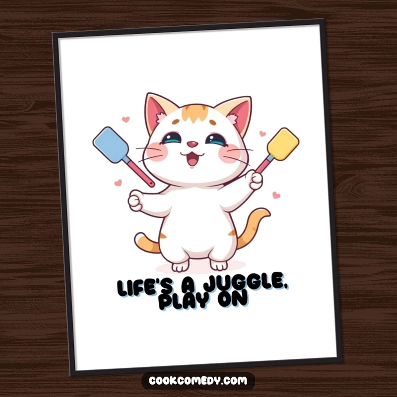 Funny Free Printable Wall Art: Adorable cat masterfully juggles colorful spatulas, creating a playful scene.