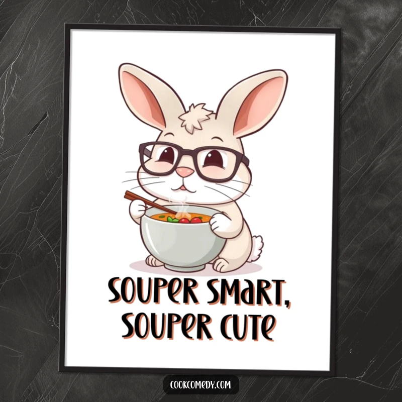 Funny Free Printable Wall Art: A rabbit wearing oversized glasses meticulously tastes a tiny bowl of steaming soup, ideal for foodies.