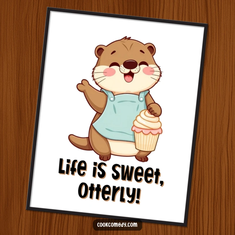 Funny Free Printable Wall Art: An otter in an apron gleefully decorates a tiny cupcake, bringing sweet, humorous vibes to your decor.