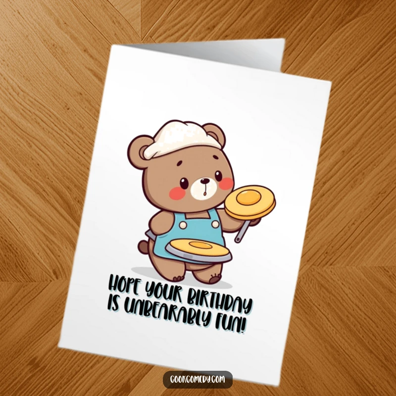 Funny Free Printable Birthday Card: Busy bear in apron cheerfully flips a pancake high in the air.