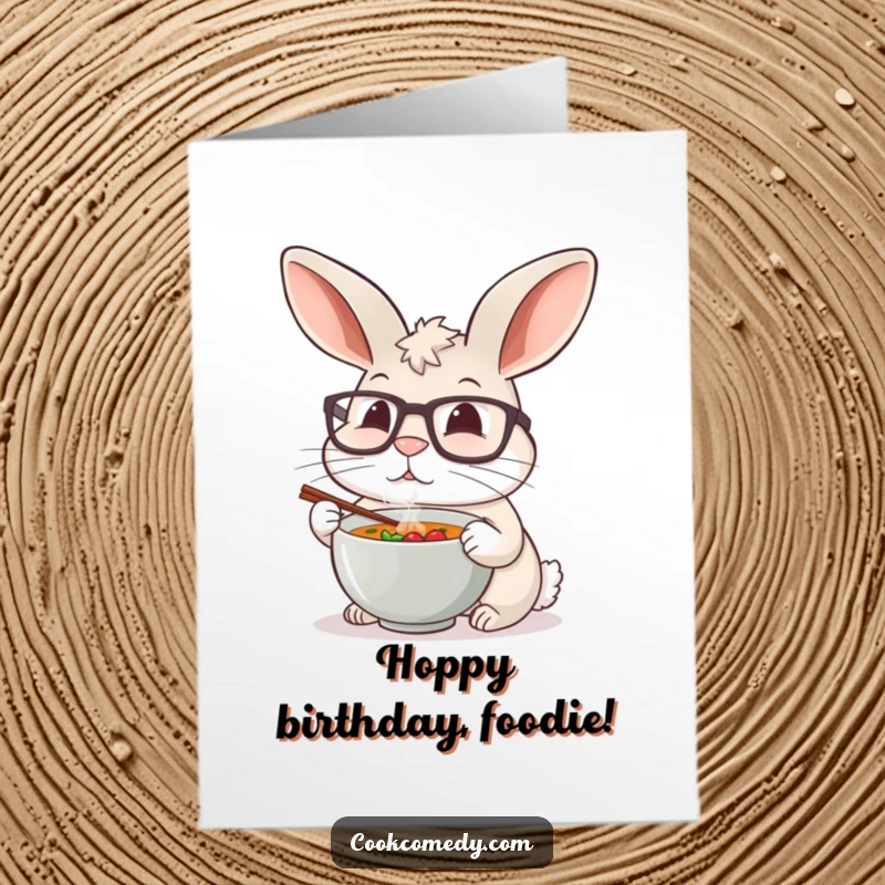 Funny Free Printable Birthday Card: A rabbit in large glasses delicately sips tiny soup, perfect for a foodie's special day.