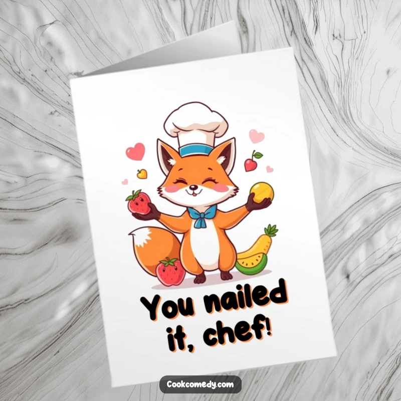 Funny Free Printable Congratulations Card: A cheerful fox chef in a tall hat juggles fruits, celebrating success with humor.