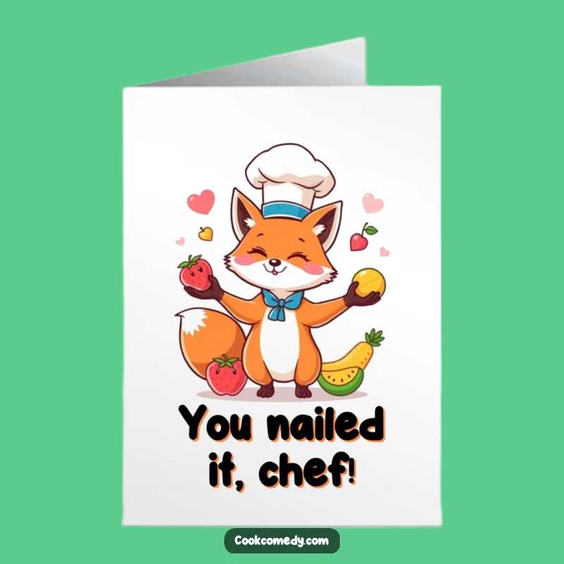 Free Printable Fox Chef Congrats Card: Juggling Fruits, Humorous Downloadable Gift