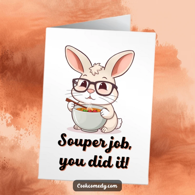 Funny Free Printable Congratulations Card: A rabbit with oversized glasses carefully tastes a tiny bowl of soup, celebrating a job well done.