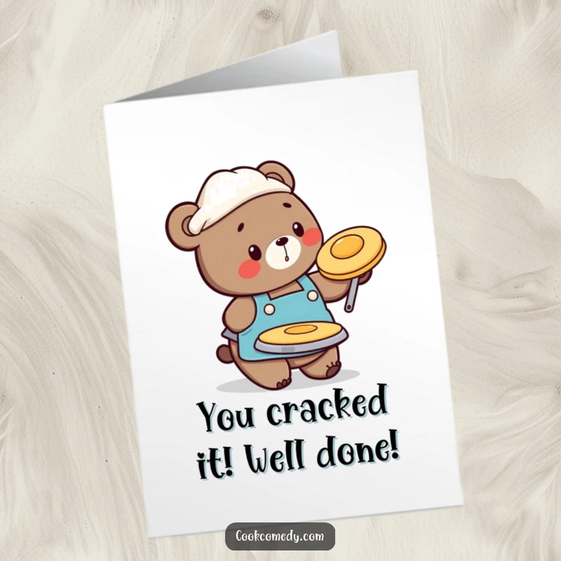 Funny Free Printable Congratulations Card: Energetic bear in apron expertly flips a pancake, celebrating your success.