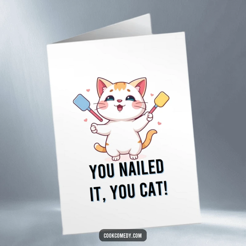 Funny Free Printable Congratulations Card: Agile cat juggles spatulas, celebrating your remarkable accomplishment with flair.