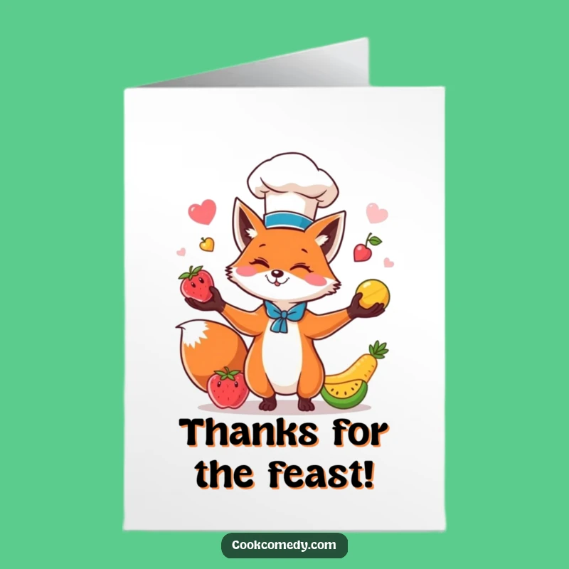 Free Printable Fox Chef Thank You Card: Juggling Fruits, Humorous Downloadable