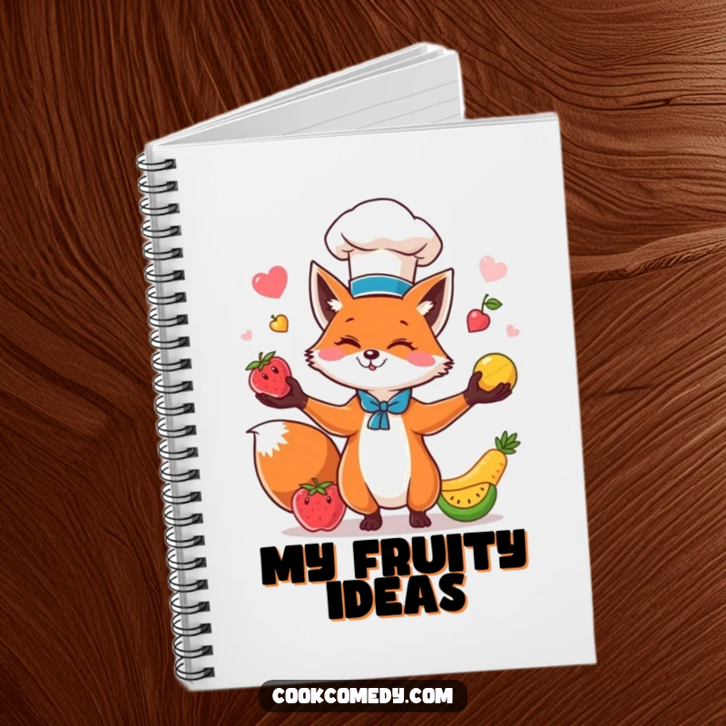 Funny fox chef juggling fruits on the cover of a notebook, perfect for jotting down recipes and ideas humorously.