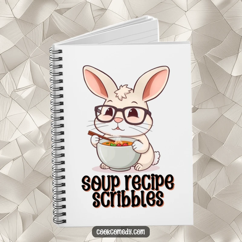 Funny rabbit chef with glasses tasting a tiny soup bowl on the cover of a notebook for culinary notes.