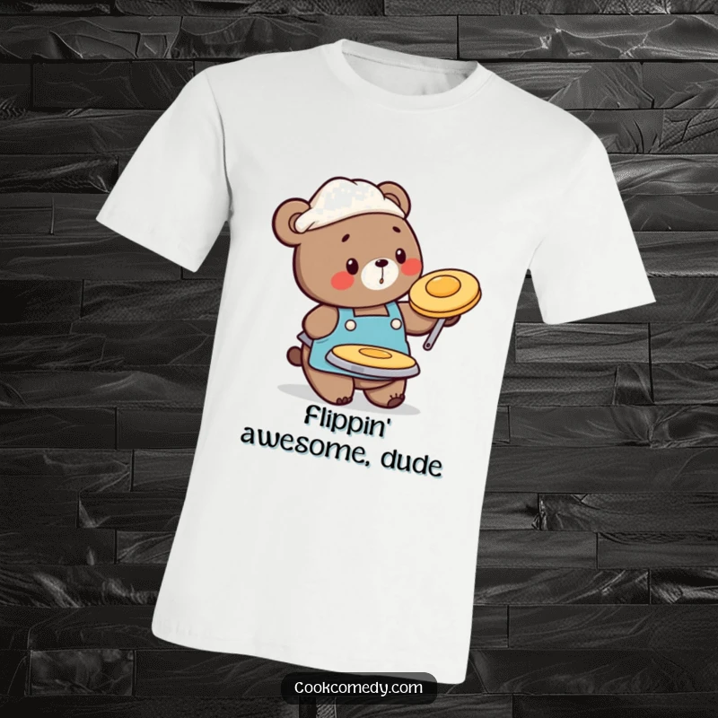 Funny t-shirt of a busy bear chef in an apron, playfully flipping a pancake, designed for ultimate breakfast enjoyment.