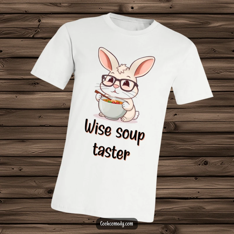 Funny rabbit in big glasses tasting mini soup on a t-shirt, showcasing a humorous and heartwarming culinary scene.