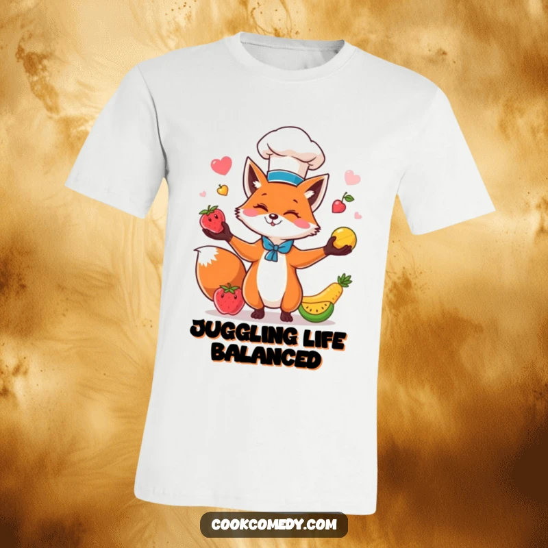 Funny fox wearing a tall chef hat, enthusiastically juggling bright fruits on a comfortable t-shirt, a humorous apparel.
